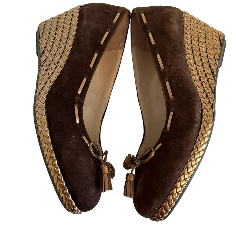 Lauren Ralph Lauren Cambree Brown Suede with Gold Wedge Heels & Tassels NEW